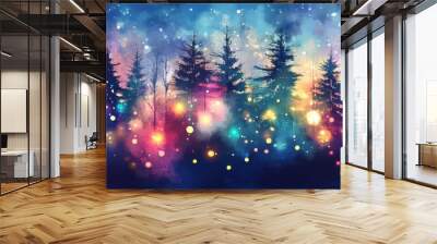 Christmas trees in the forest with colorful lights, watercolor style. Wall mural