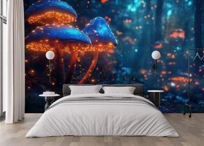 Fairy tale forest with glowing mushrooms, blue and orange colors, fantasy style, night forest background Wall mural