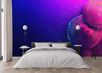 futuristic purple and pink holographic coins with a Bitcoin symbol on a dark blue background, a cyber money concept banner design, and digital technology. Wall mural