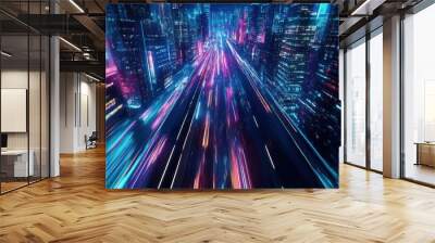 High-speed light trails on a city background with futuristic neon colors, a night view of tall skyscraper buildings and a highway road in a modern urban business district. Wall mural