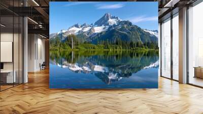 panoramic view of Mount Shuksan and snow capped peak reflecting in the clear blue water lake surrounded by pine trees Wall mural