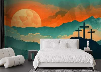 Three crosses on the mountain top, illustration, flat design, orange and teal color palette, digital art style, textured background Wall mural