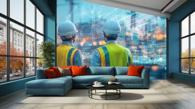 Two construction workers wearing yellow safety vests and white hard hats, standing back-to-camera with their backs turned on the left side of an industrial cityscape background. Wall mural