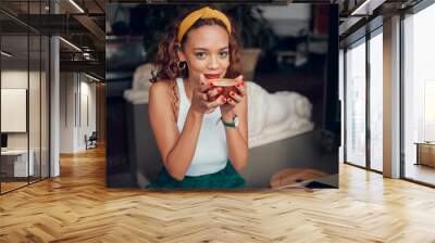 Black woman, coffee and smile for relax at cafe in joyful happiness, carefree and thinking in shop. Portrait of happy African American female enjoying a warm drink at a indoor restaurant Wall mural