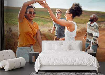 Dance, singing and friends walking in nature on holiday in the countryside of Kenya together in summer. Happy, relax and dancing people being playful on a vacation in the countryside to relax Wall mural