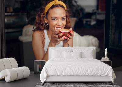 Smile, happy and coffee shop young woman enjoying a cup of tea in a restaurant or cafe on her lunch break. Portrait of happy customer drinking her morning caffeine or cappuccino with happiness Wall mural