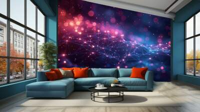 Abstract digital mesh with glowing connections and network lines on dark background Wall mural