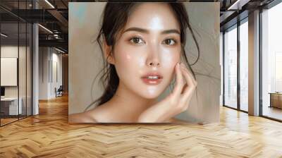 Asian woman touching clean skin portrait model young beautiful face facial treatment spa isolated pastel background detailed shot Sony Alpha R8 style Canon EOS ultra sharp real photography Wall mural