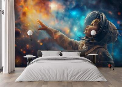 Child Astronaut Reaching Toward Cosmic Lights in Space, Symbolizing Imagination, STEM Exploration, Future Space Innovations, and the Intersection of Dreams and Scientific Discovery Wall mural