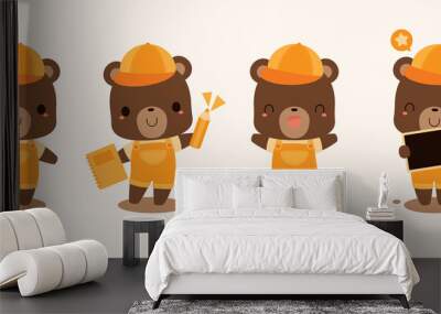 Collection of cute brown bear wearing orange overalls and cap, as student, cartoon characters. Back to school concept. Flat vector illustration. Wall mural