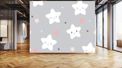 Seamless cute smiley white stars pattern on pastel grey background. Wall mural