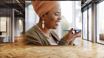 Black woman, face and phone call, speaker phone and communication with networking, negotiation and virtual meeting. Business woman, professional with smartphone for corporate call or telemarketing. Wall mural