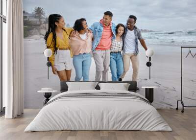 Diversity, happy and friends walking at the beach for holiday, vacation and bonding on nature background. Men, smile and women group relax at the sea, laugh and cheerful on an ocean trip in Miami Wall mural