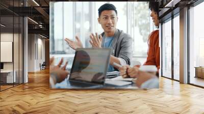 Meeting, collaboration and team planning a project together in the office conference room. Teamwork, diversity and business people in discussion while working on a b2b corporate strategy in workplac Wall mural