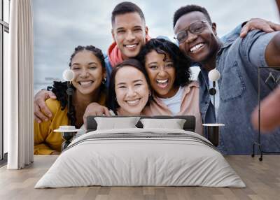 Selfie, diversity and portrait of friends on a holiday while having fun together on weekend trip. Freedom, smile and happy group of diverse people taking a picture while on adventure on a vacation. Wall mural