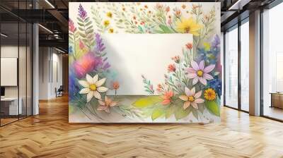 A watercolor background of plants and flowers with copy space Wall mural