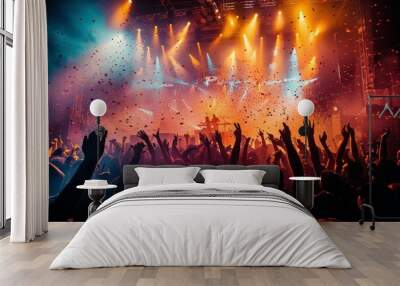 Excited crowd at concert with bright lights and confetti, dancing silhouettes at night club or music festival Wall mural