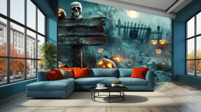 Halloween Party in Graveyard with Pumpkins, Zombies, and Wooden Sign Wall mural