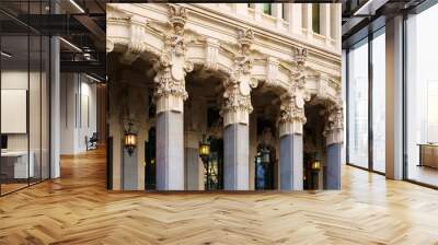 Architecture in detail at Cybele Palace in the historic heart of Madrid, Spain. Pillars, sculptures and ornamental hanging lanterns at Madrid city hall. Wall mural