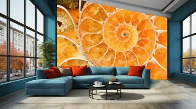 Beautiful bright amber-colored ammonite shell. Ancient fossil in macro close up.  Wall mural