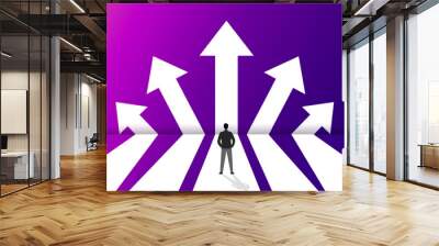 Businessman standing, having to decide which way to go An arrow pointing out five possible business scenarios for successful future business strategy goals. Vector illustration on purple background. Wall mural