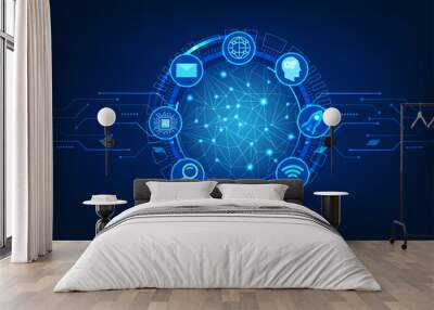 Network technology processor along with technology circles with technology icons gathers information from internet networks from around the world to process and pass the data to be displayed Wall mural