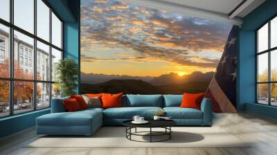 American flag with sunrise or sunset over mountains with room for text  Wall mural