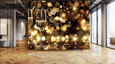 Festive holiday background with champagne glasses and golden bokeh with copy space  Wall mural