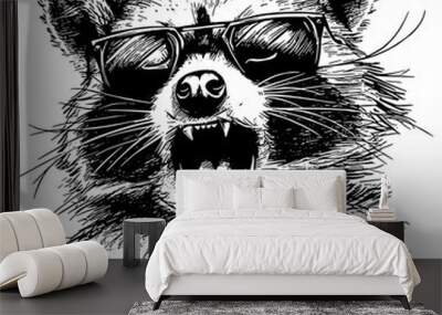 Illustration of a raccoon laughing and wearing sunglass, isolated  Wall mural