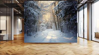 Snowy path leading toward the light through a dark winter forest  Wall mural