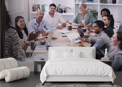 Businesspeople, presentation with leader planning and with laptop at desk in a office at their workplace. Teamwork or collaboration, business meeting and colleagues discussing together in a boardroom Wall mural