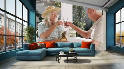 Cheers my love. a happy senior couple sitting outside together and toasting with water while enjoying a snack. Wall mural