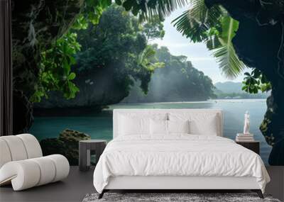 lush tropical lagoon cavern landscape Wall mural