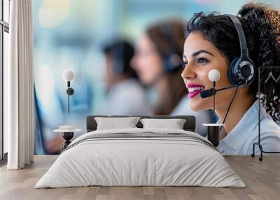 A female customer service representative working at a call center. Wall mural