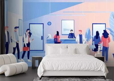 A group of diverse patients in a modern hospital waiting room. Wall mural