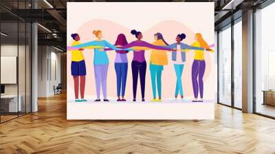 A group of diverse women standing together, holding hands, and smiling Wall mural