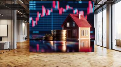 A model house with coins on a background featuring financial charts, symbolizing real estate investment and market analysis. Wall mural