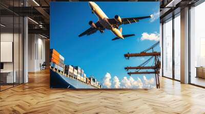 A vibrant airport scene featuring a cargo plane flying over shipping containers and cranes, showcasing global trade and transportation. Wall mural