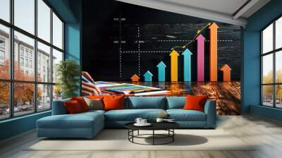 A vibrant graph displaying growth with colored arrows on a wooden desk, symbolizing business success and progress. Wall mural