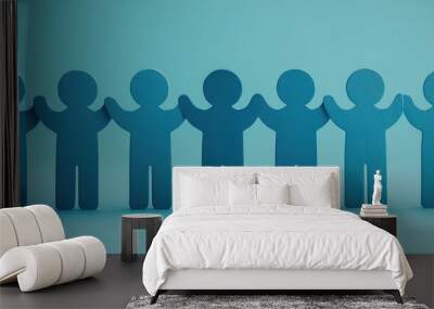 Blue paper people standing and high-fiving on a light blue background with copy space, a concept of teamwork or business success Wall mural