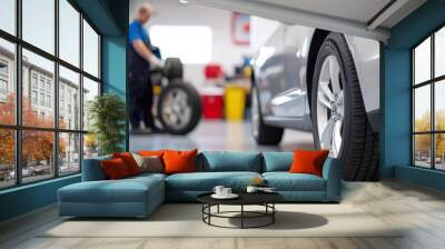 Closeup of a car tire in a garage, with another car in the background. Wall mural