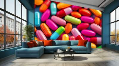 Colorful capsules and tablets scattered across a vibrant surface, showcasing the diversity of medicine and health. Wall mural