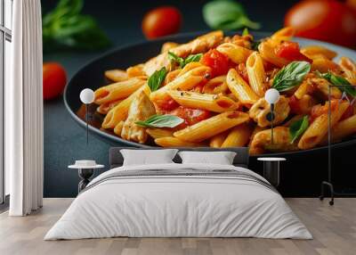 Delicious penne pasta with fresh tomatoes and herbs, beautifully presented in a black bowl on a dark background. Wall mural