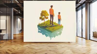 Father and son stand on a floating island with trees, representing family connection and environmental awareness. Wall mural