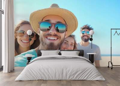 Group of friends taking a selfie on the beach, summer vacation. Wall mural