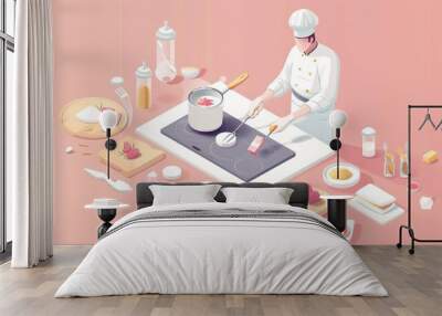 Isometric illustration of a chef cooking in a kitchen with ingredients. Wall mural