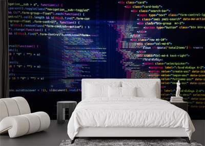 Program source code that is ejected from the laptop screen.Which programmers can develop into websites or mobile apps Which system analysts and designers have designed Wall mural