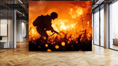 Silhouette of a soldier in a firefight, dramatic imagery of war. Wall mural