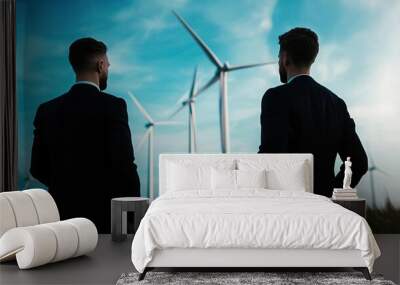 Two businessmen in suits stand looking at a field of wind turbines. Wall mural