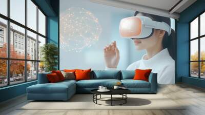 Woman wearing VR headset interacting with virtual reality, immersive technology. Wall mural